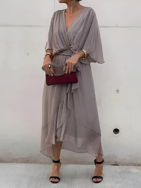 Women's Tie-Waist Flutter Sleeve Midi Dress