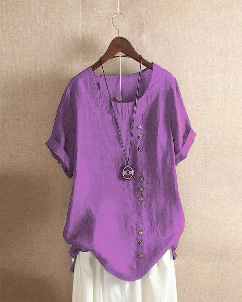 Short-Sleeve Linen Blouse with Decorative Buttons