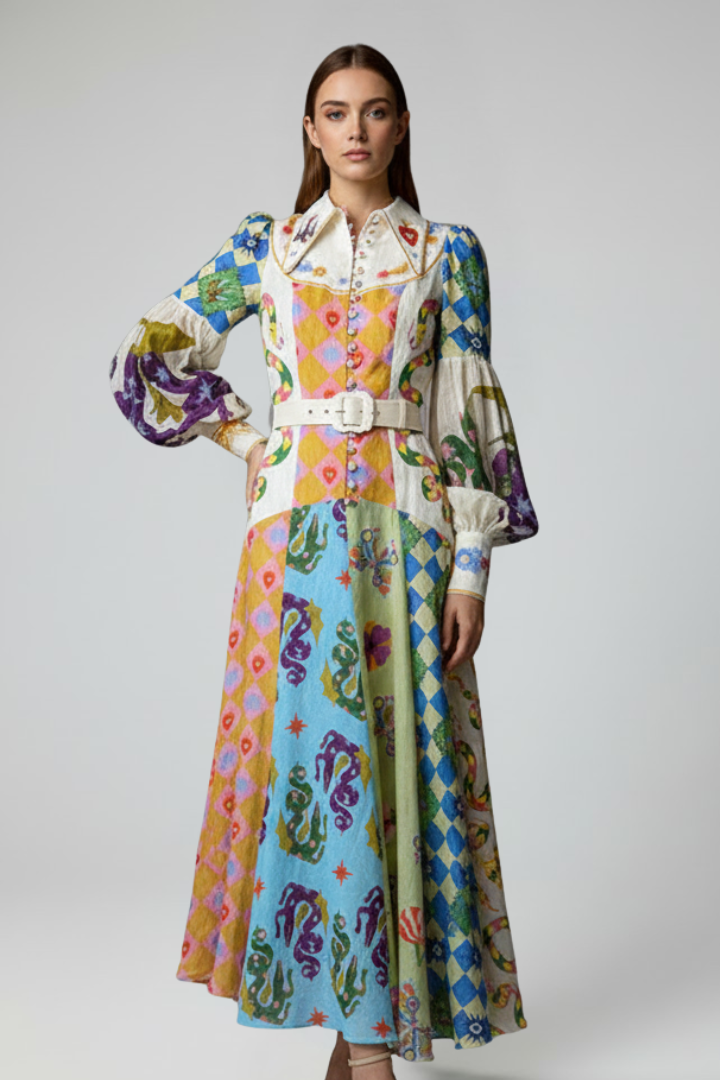 Women's Printed Long Sleeve V-Neck Maxi Dress