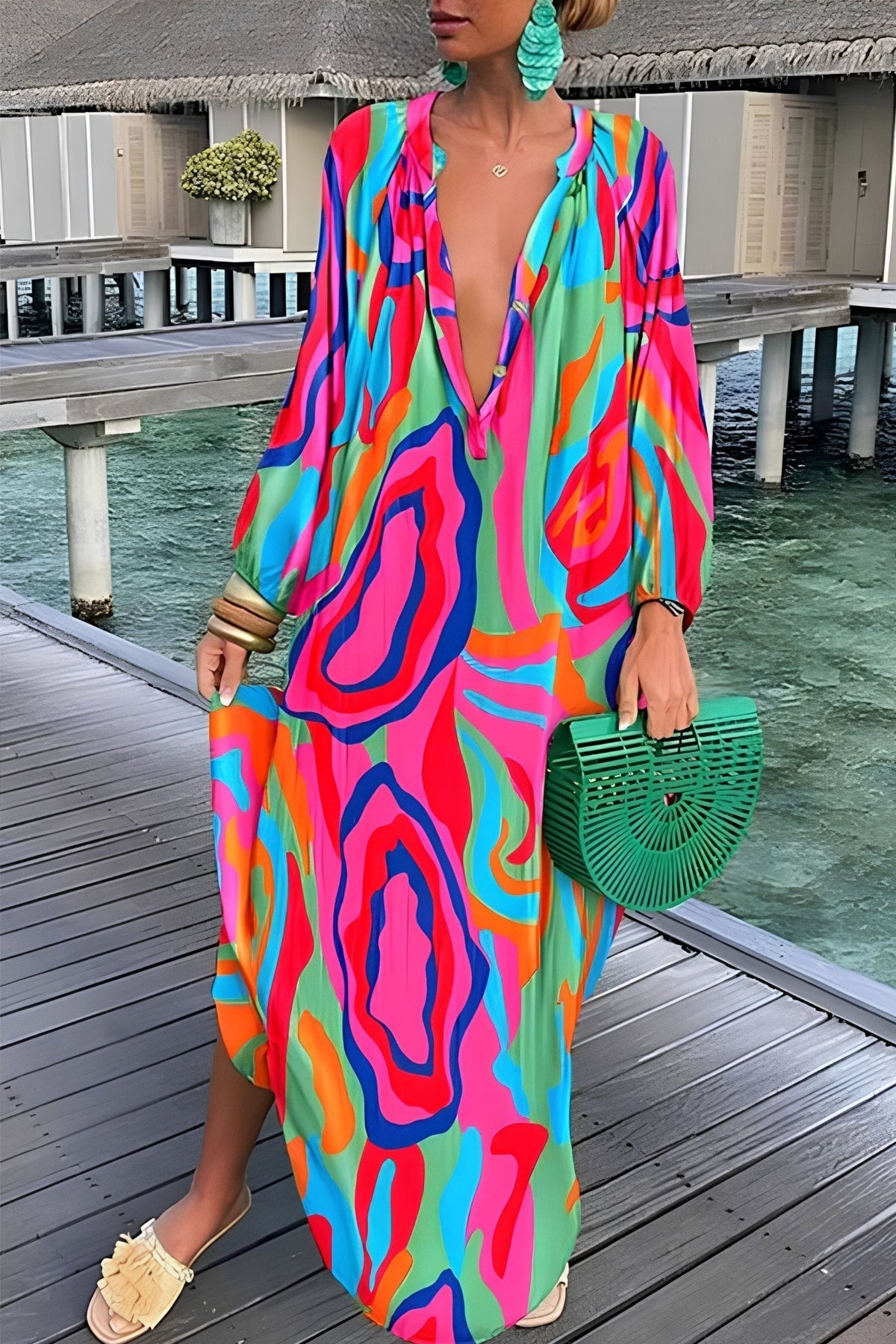 V-Neck Abstract Print Kaftan Maxi Dress