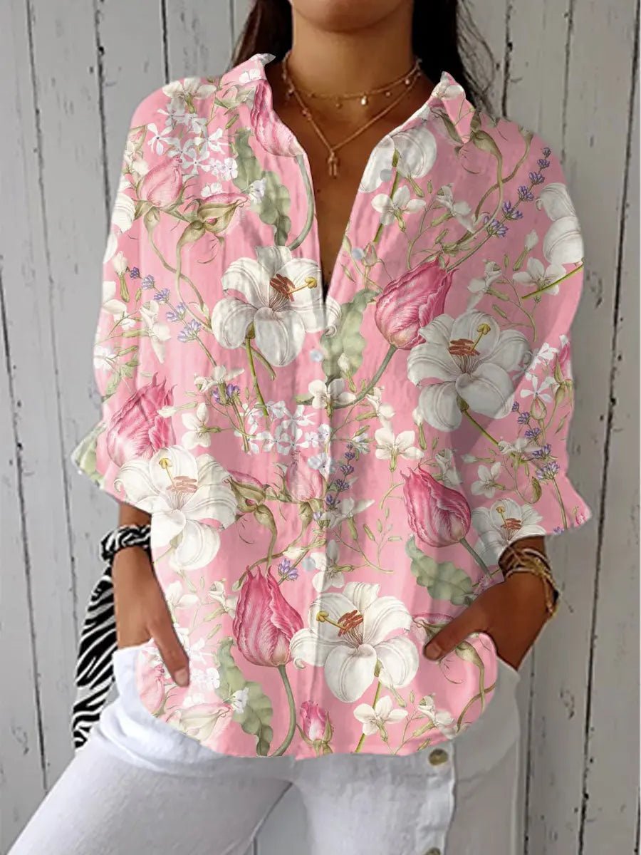 Floral Print Relaxed V-Neck Blouse