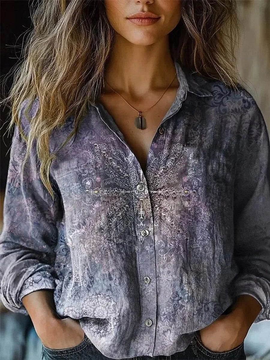Bohemian Floral Print Long Sleeve Shirt with Revere Collar