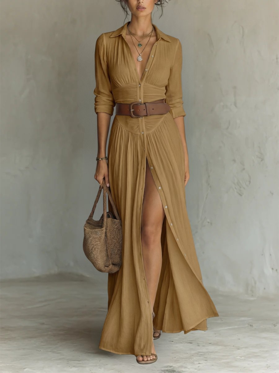 Button-Front Maxi Shirt Dress with Belt