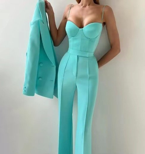 Three-Piece Tailored Suit Set with Corset Top and Wide-Leg Pants