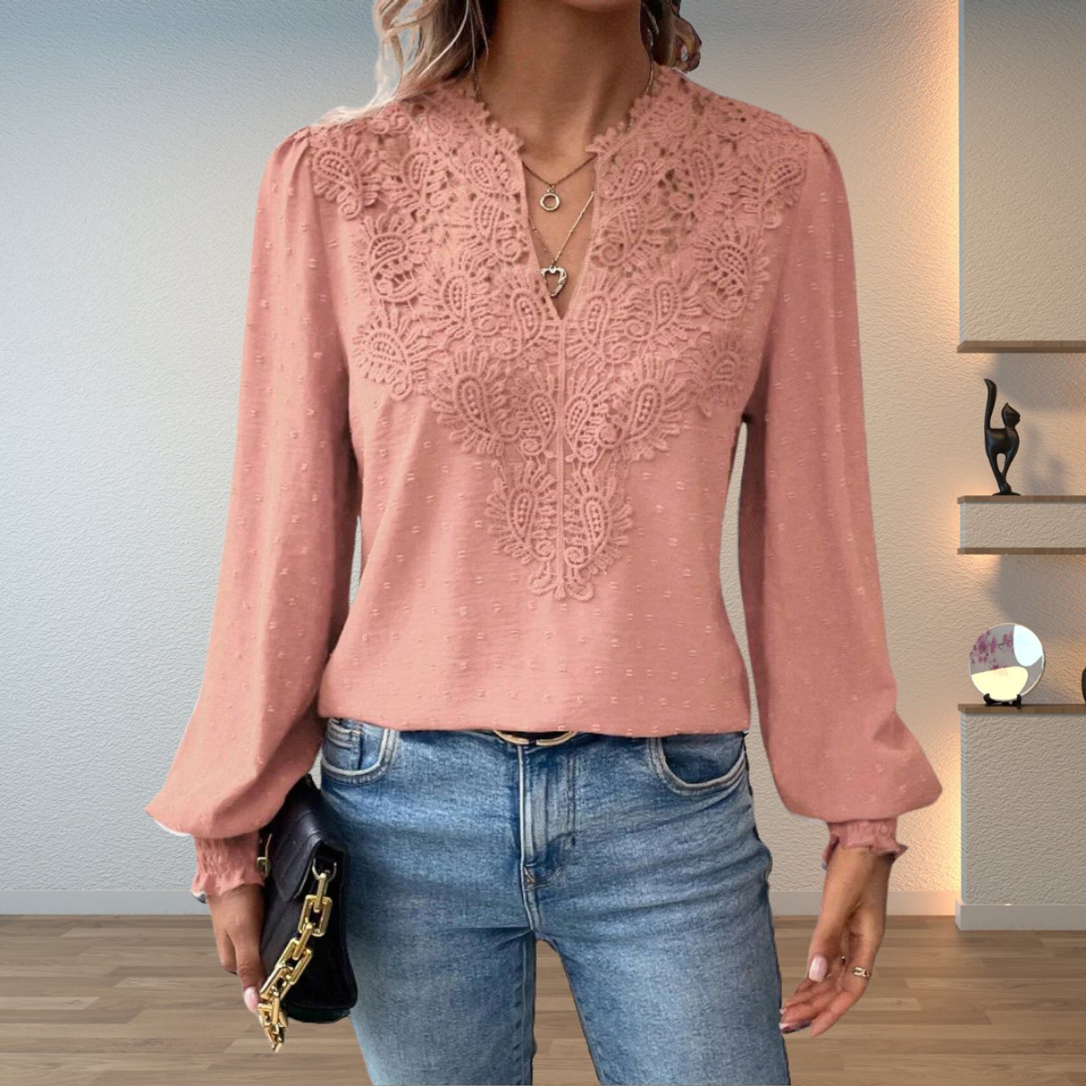 Lace-Trimmed Dobby Dot V-Neck Blouse