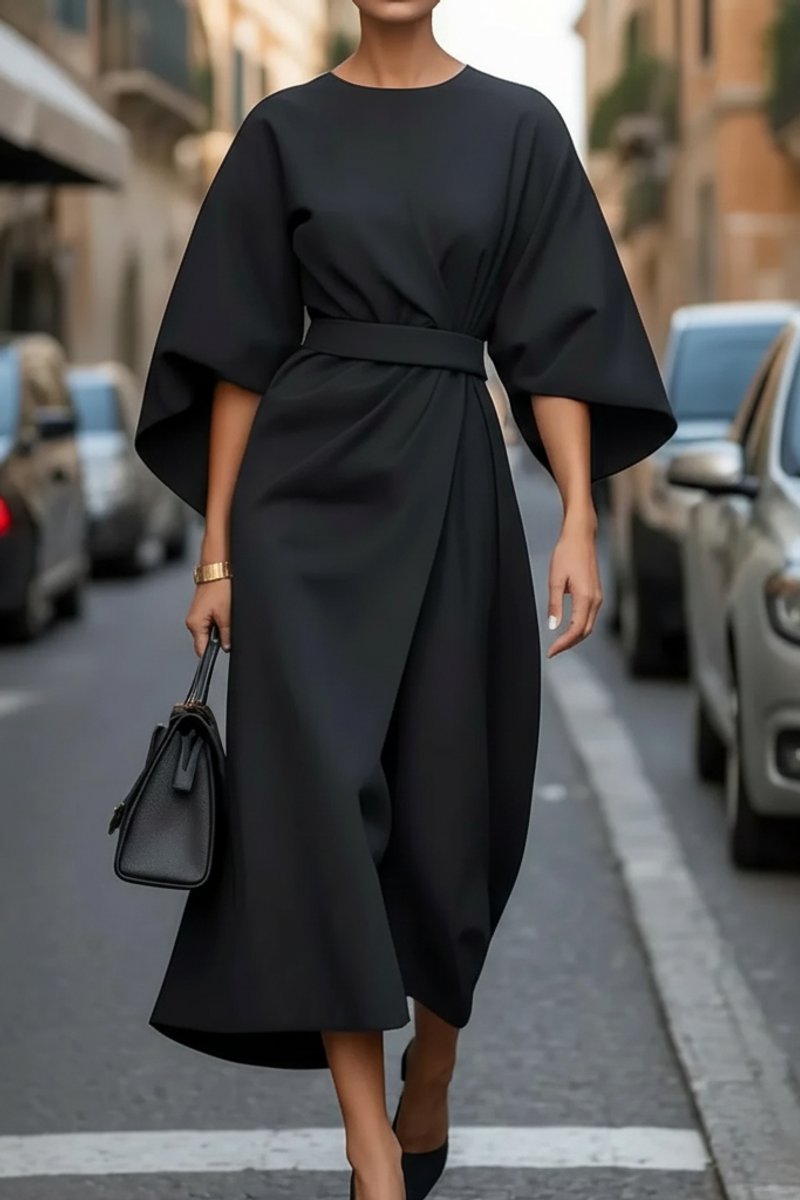 Lantern Sleeve Tie-Waist Cocktail Midi Dress