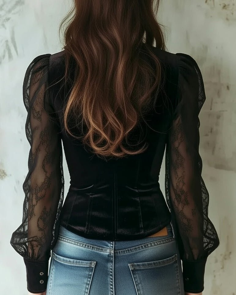 Women's Velvet Button-Through Blouse with Sheer Lace Sleeves