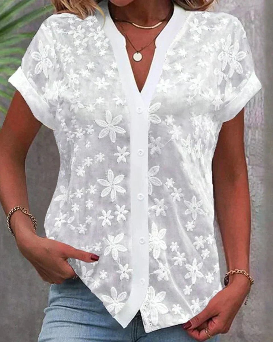 Floral Lace Embroidered Button-Up Blouse