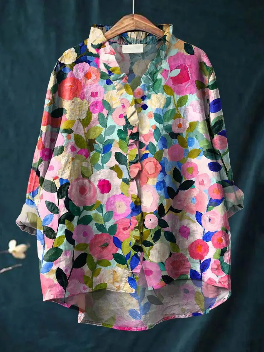 Floral Linen-Blend Ruffle Neck Blouse