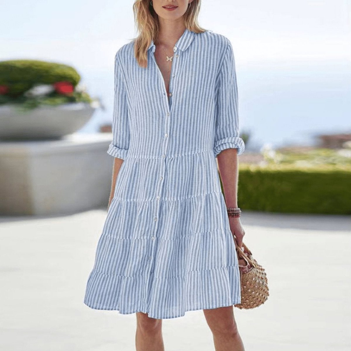 Women's Tiered Stripe Shirt Dress with 3/4 Sleeves