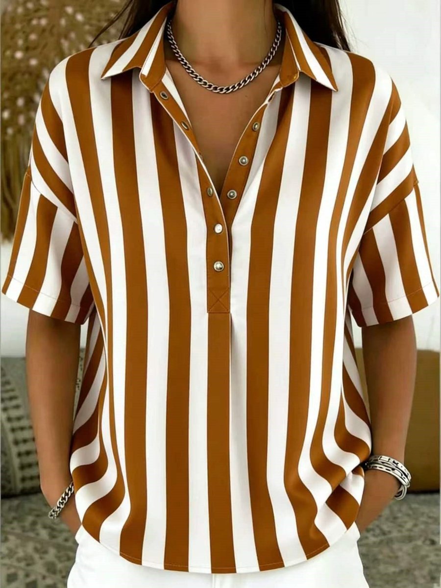 Relaxed Striped Short Sleeve Collared Top