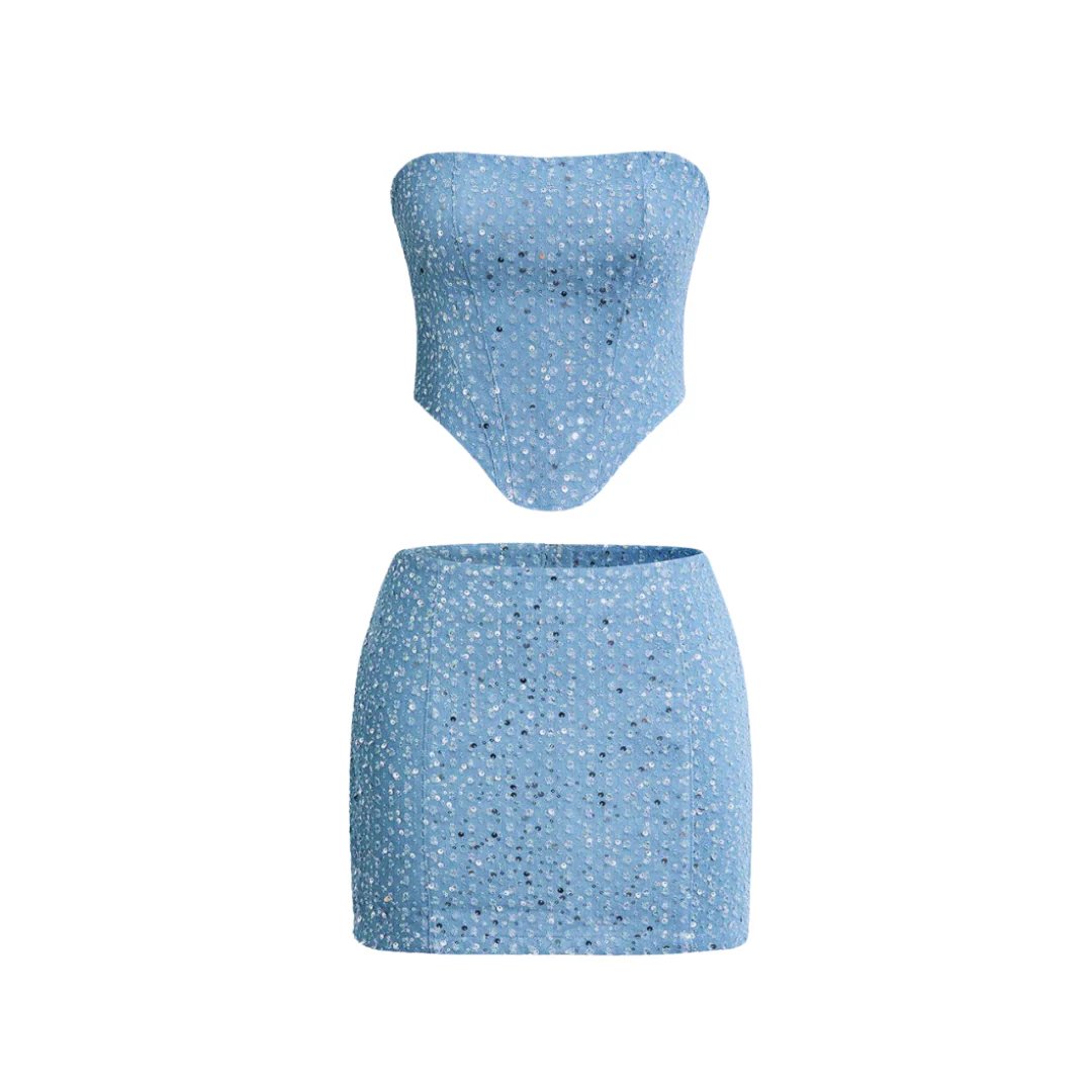 Embellished Denim Bandeau and Mini Skirt Two-Piece Set