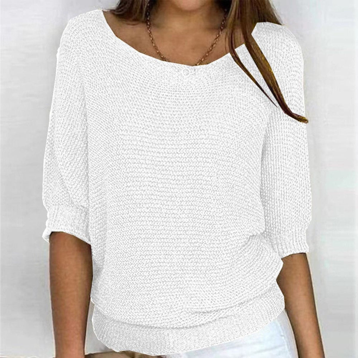 Cotton Blend Relaxed 3/4 Sleeve Knit Jumper