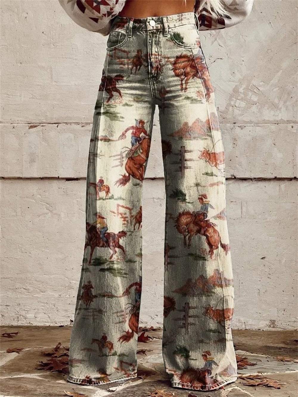 Western Print High-Waisted Wide-Leg Denim Jeans