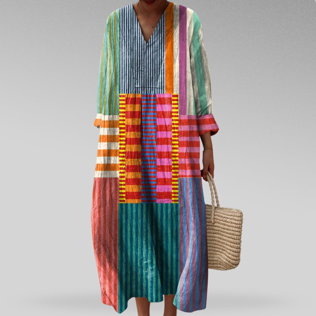Women's Striped Patchwork Linen Maxi Dress