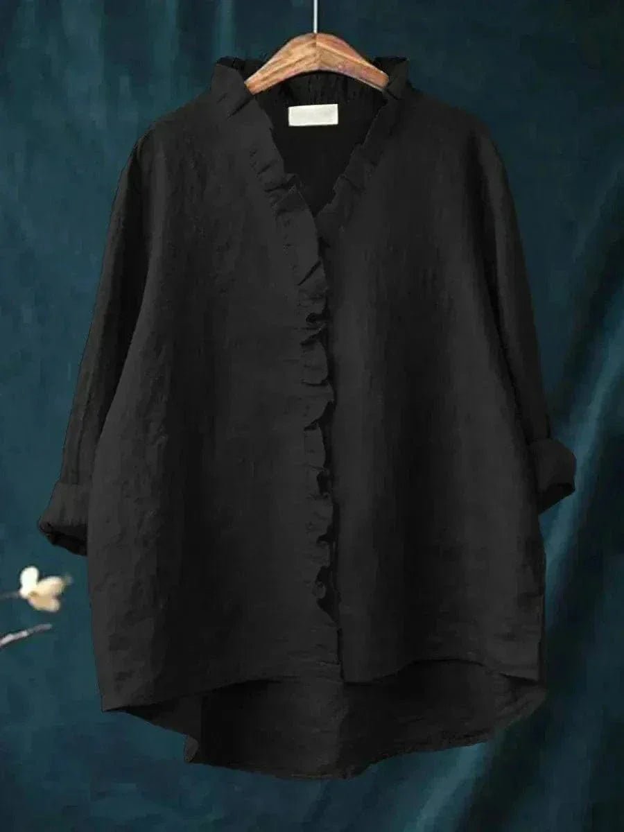 Women's Ruffle Neck Linen-Blend Blouse