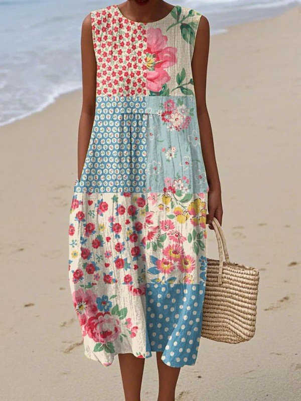 Floral & Spot Patchwork Sleeveless Midi Sundress