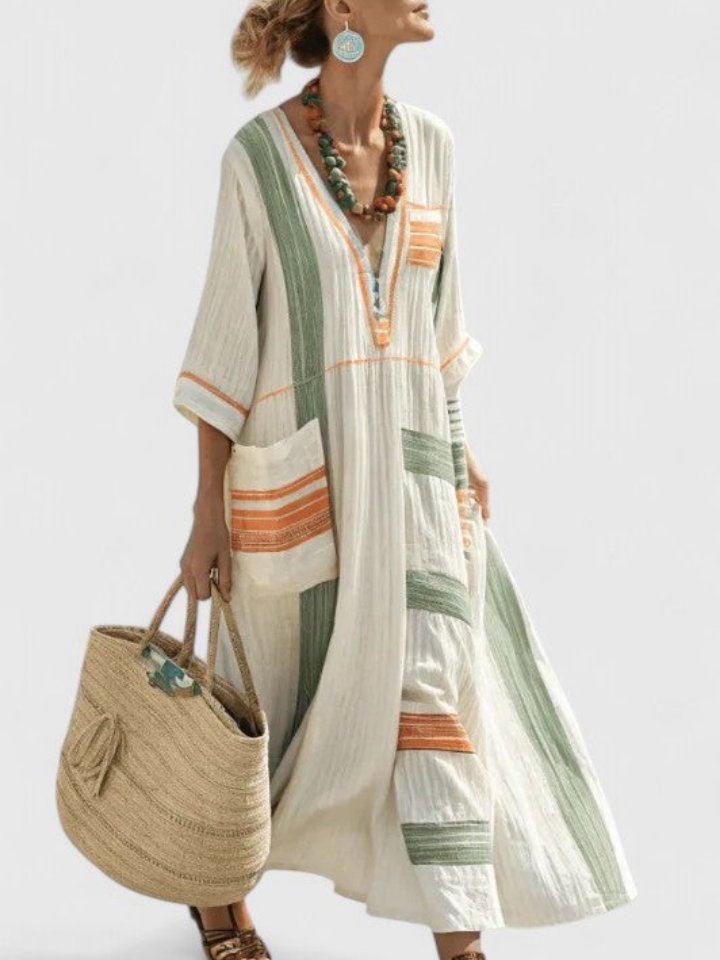 Linen Stripe V-Neck Maxi Dress