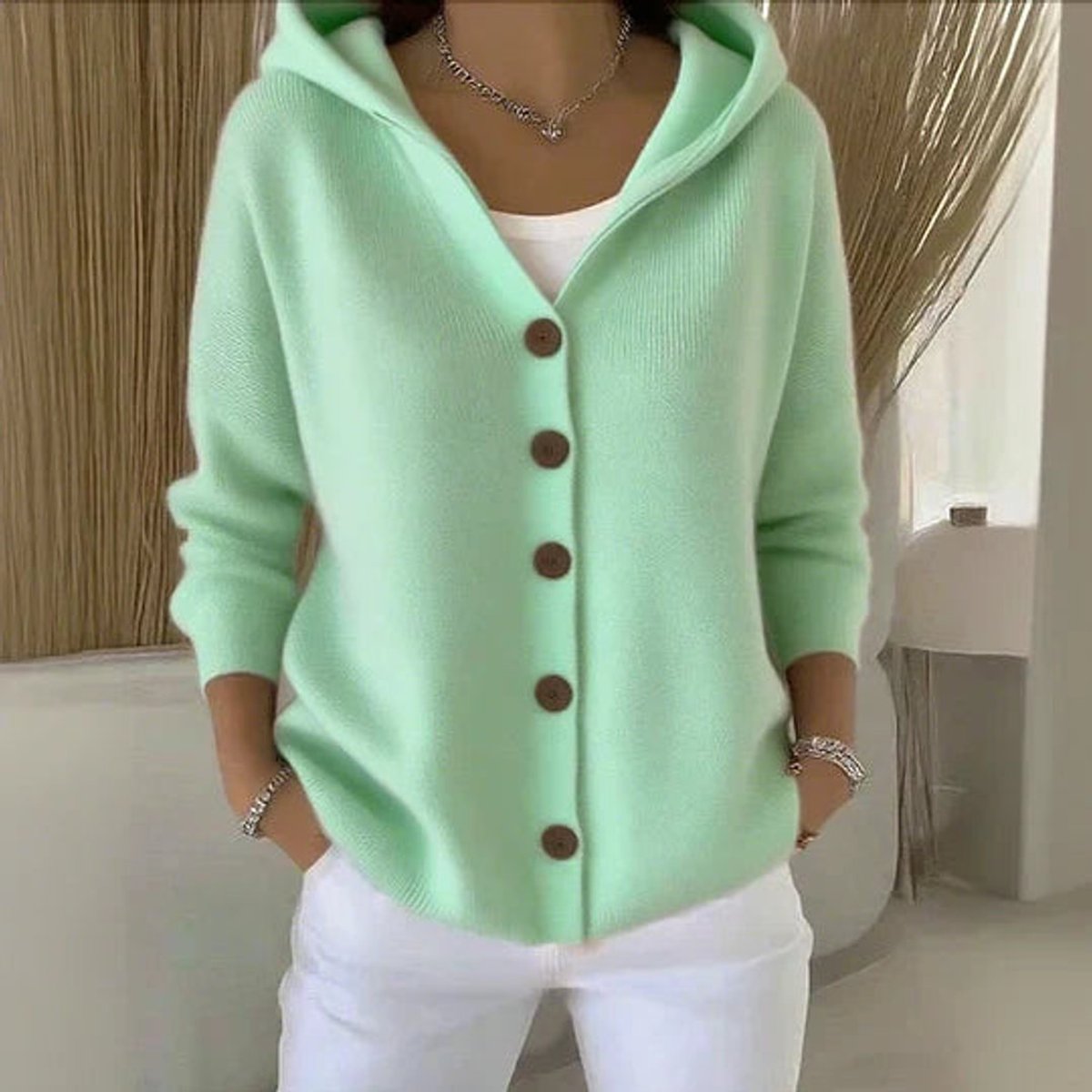 Relaxed Hooded Button-Front Knit Cardigan