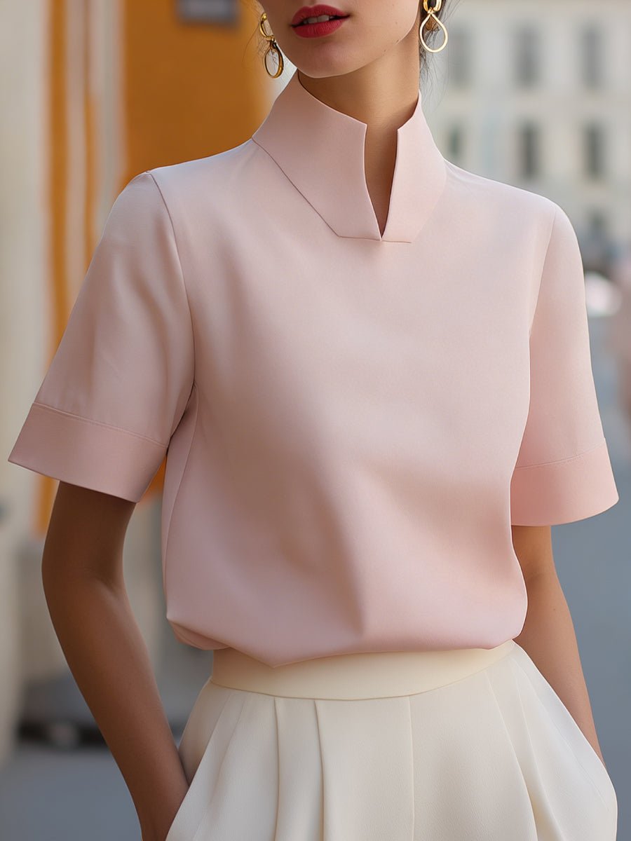 Tailored Stand Collar Short Sleeve Blouse