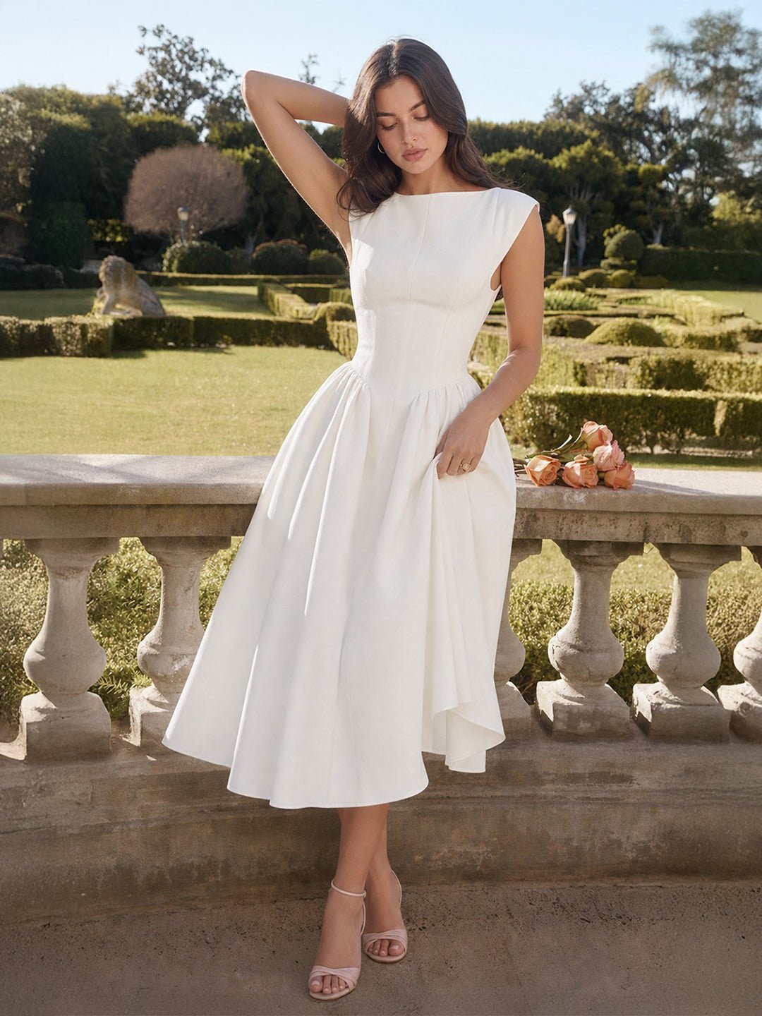 Boat Neck Satin Flared Midi Dress