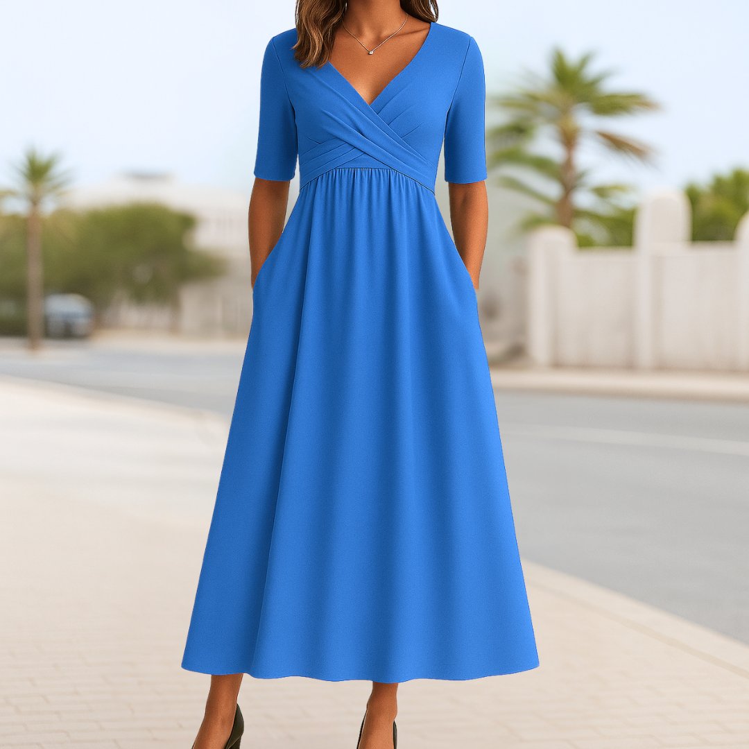 Short Sleeve Crossover Midi Dress with Pockets