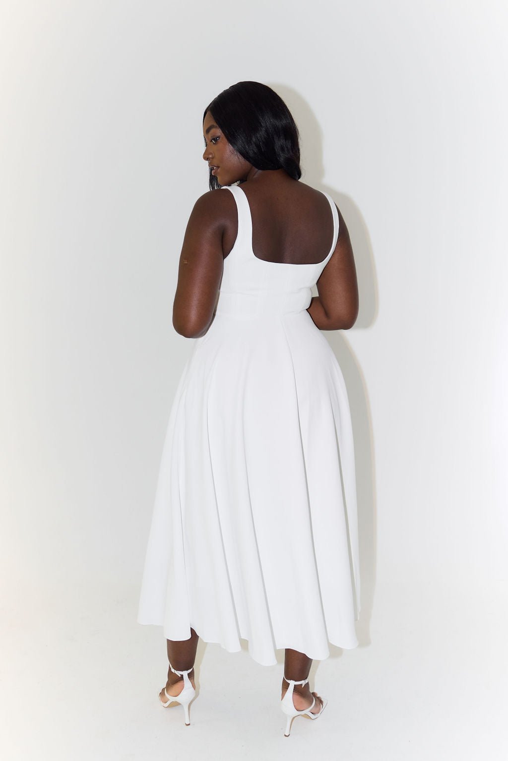 White Square Neck A-Line Midi Dress