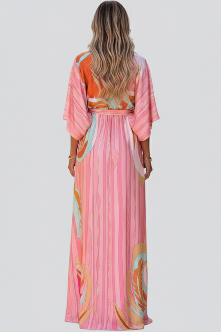 Women's Printed V-Neck Maxi Dress with Tie Belt