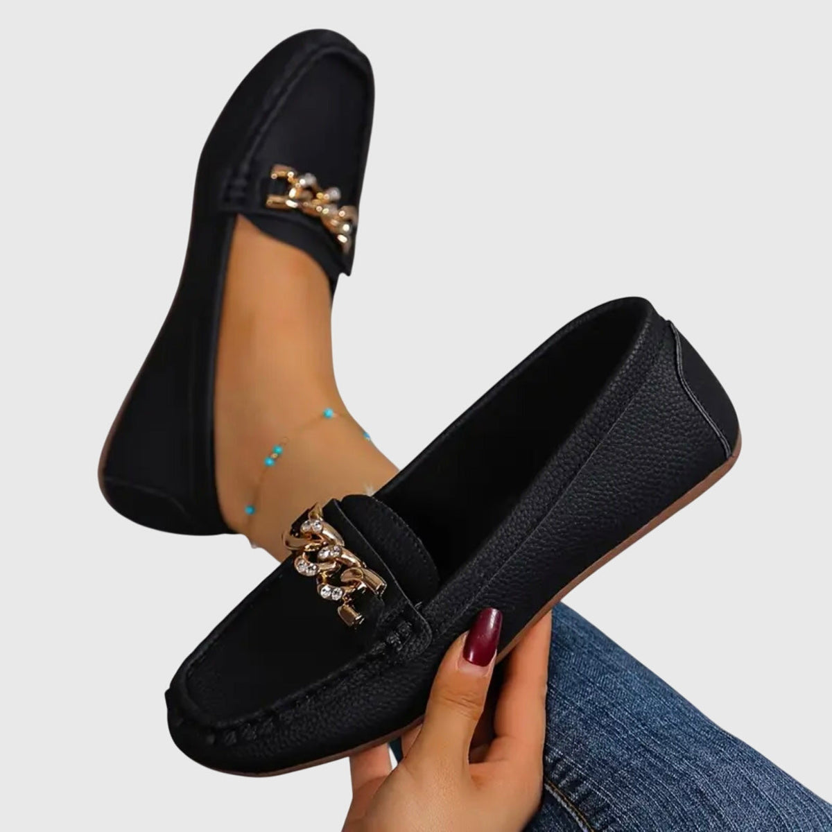 Chain Detail Leather-Look Loafers