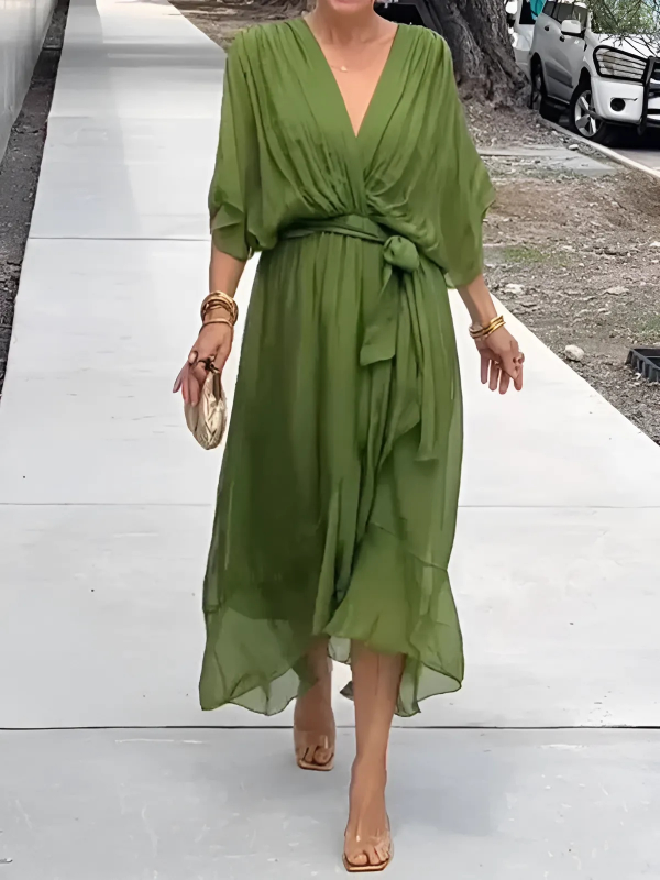 Women's Tie-Waist Flutter Sleeve Midi Dress