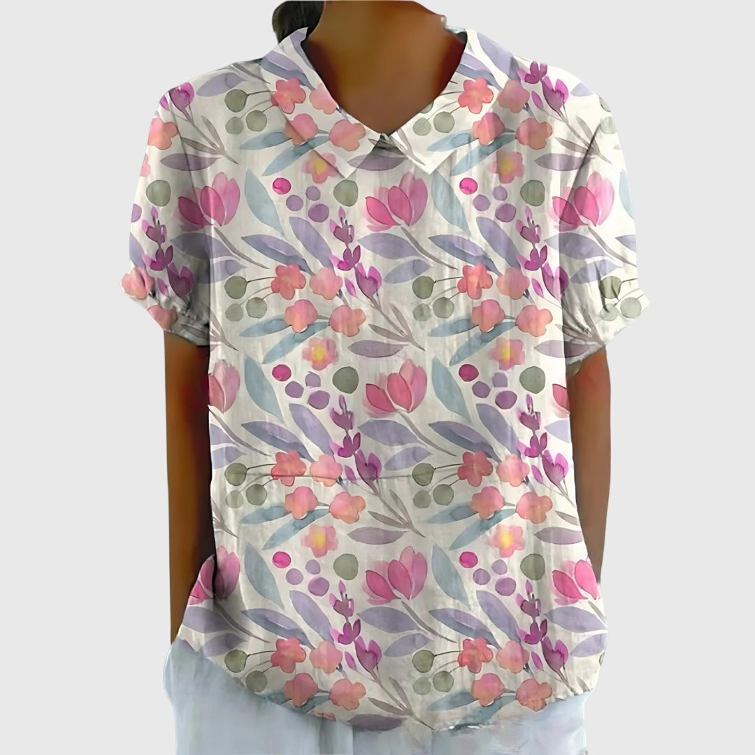 Floral Short Sleeve Collared Blouse