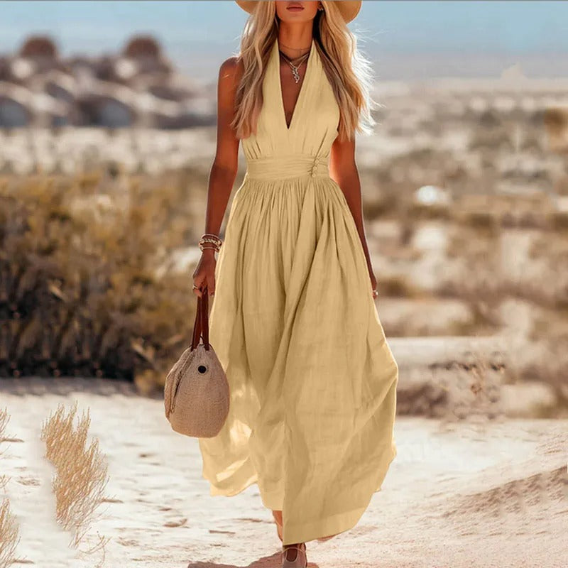 Cotton-Linen Halterneck Maxi Dress