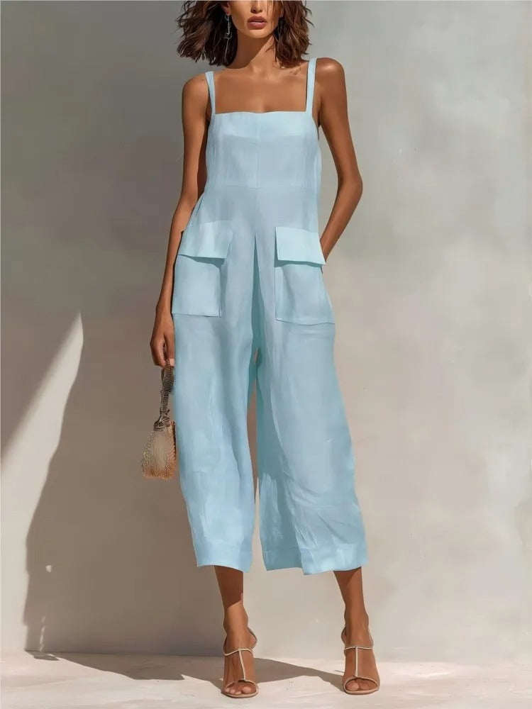 Linen-Blend Utility Midi Dress with Waist Tie