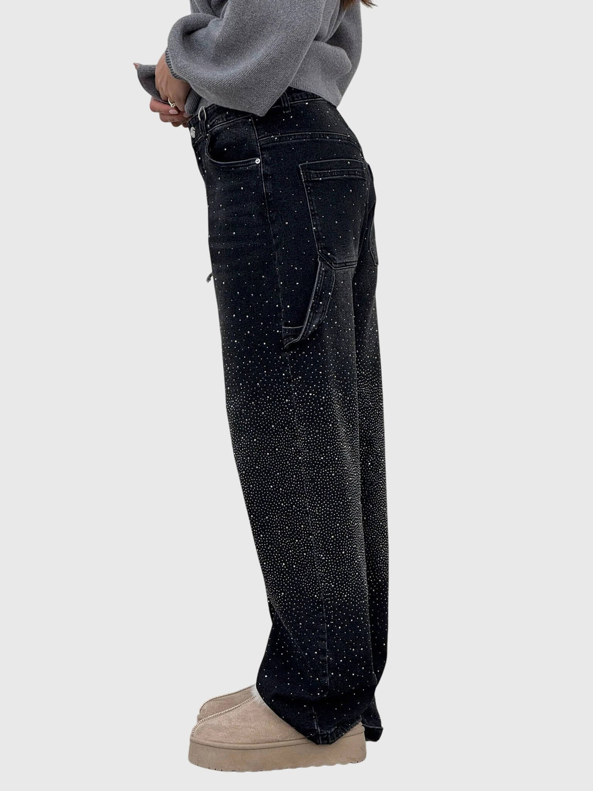 Rhinestone Detail Wide-Leg Jeans
