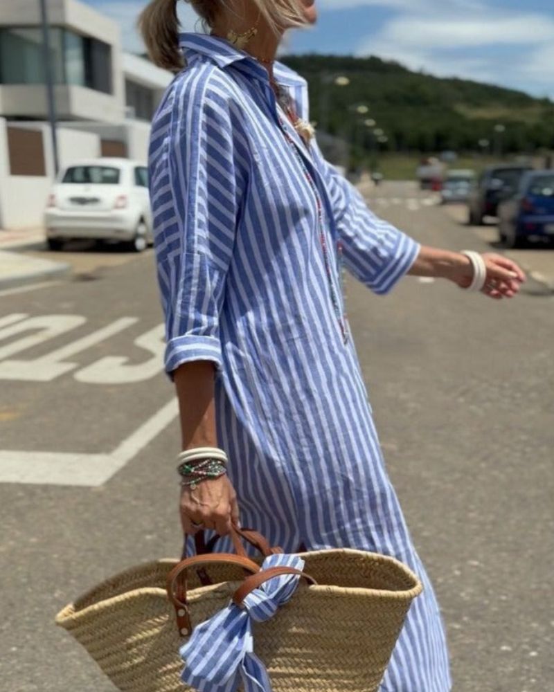 Stripe Button-Front Midi Shirt Dress