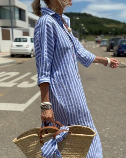 Stripe Button-Front Midi Shirt Dress