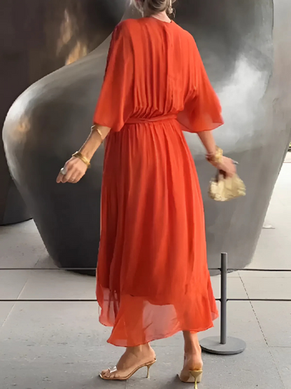 Women's Tie-Waist Flutter Sleeve Midi Dress