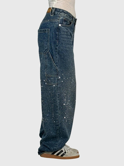Rhinestone Detail Wide-Leg Jeans