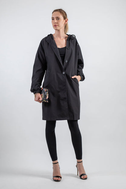 Women's Longline Hooded Coat with Button Front