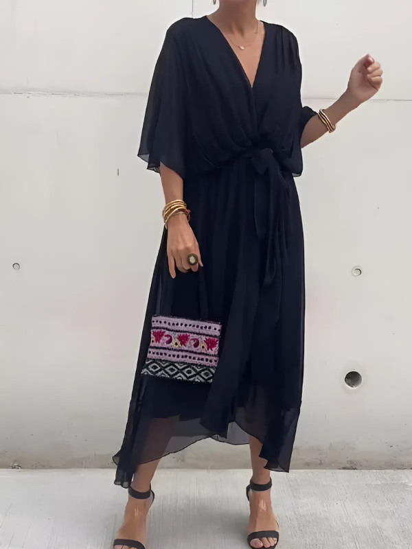 Women's Tie-Waist Flutter Sleeve Midi Dress