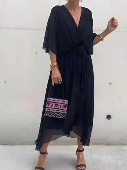 Women's Tie-Waist Flutter Sleeve Midi Dress