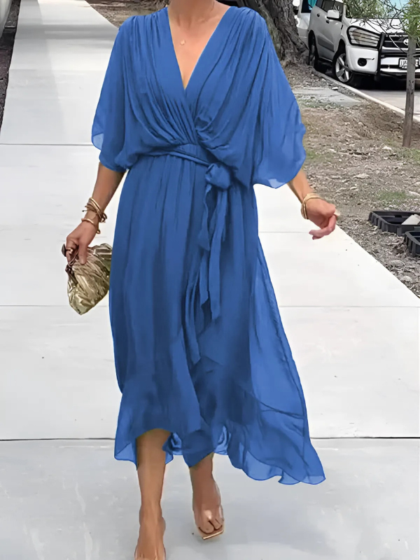 Women's Tie-Waist Flutter Sleeve Midi Dress