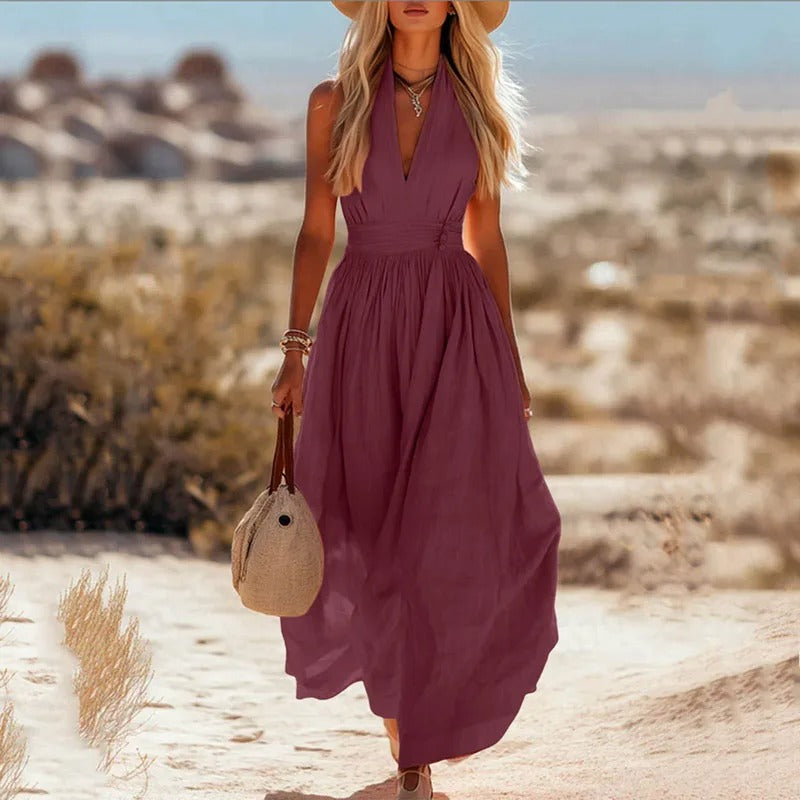 Cotton-Linen Halterneck Maxi Dress
