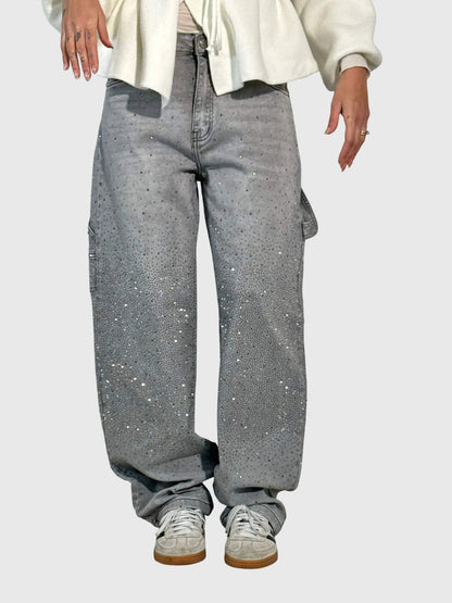 Rhinestone Detail Wide-Leg Jeans