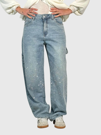 Rhinestone Detail Wide-Leg Jeans