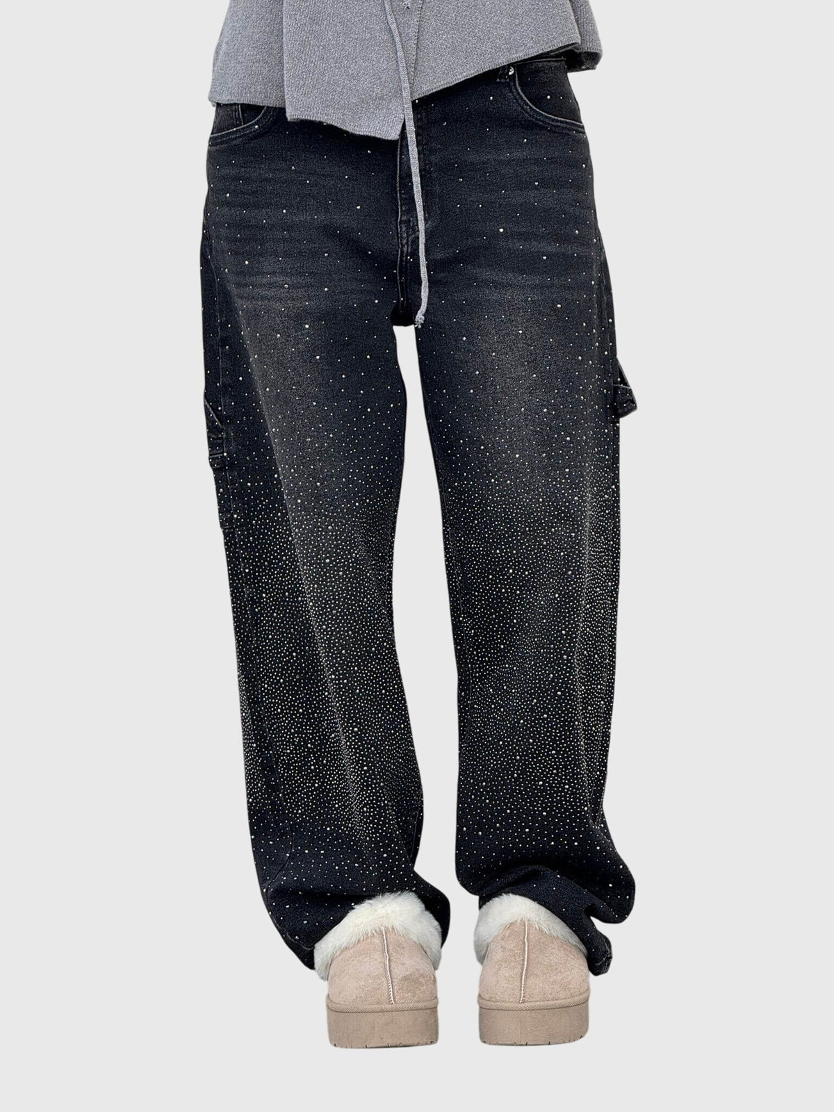 Rhinestone Detail Wide-Leg Jeans