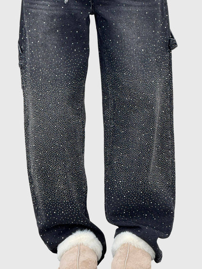 Rhinestone Detail Wide-Leg Jeans