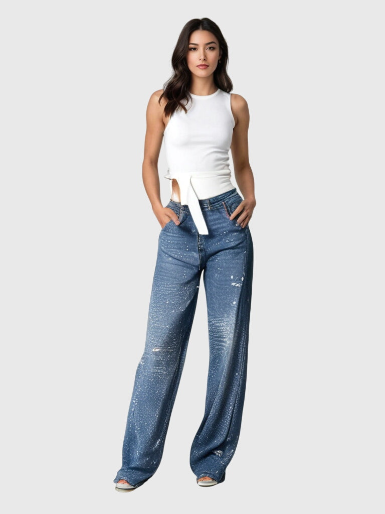 Rhinestone Detail Wide-Leg Jeans