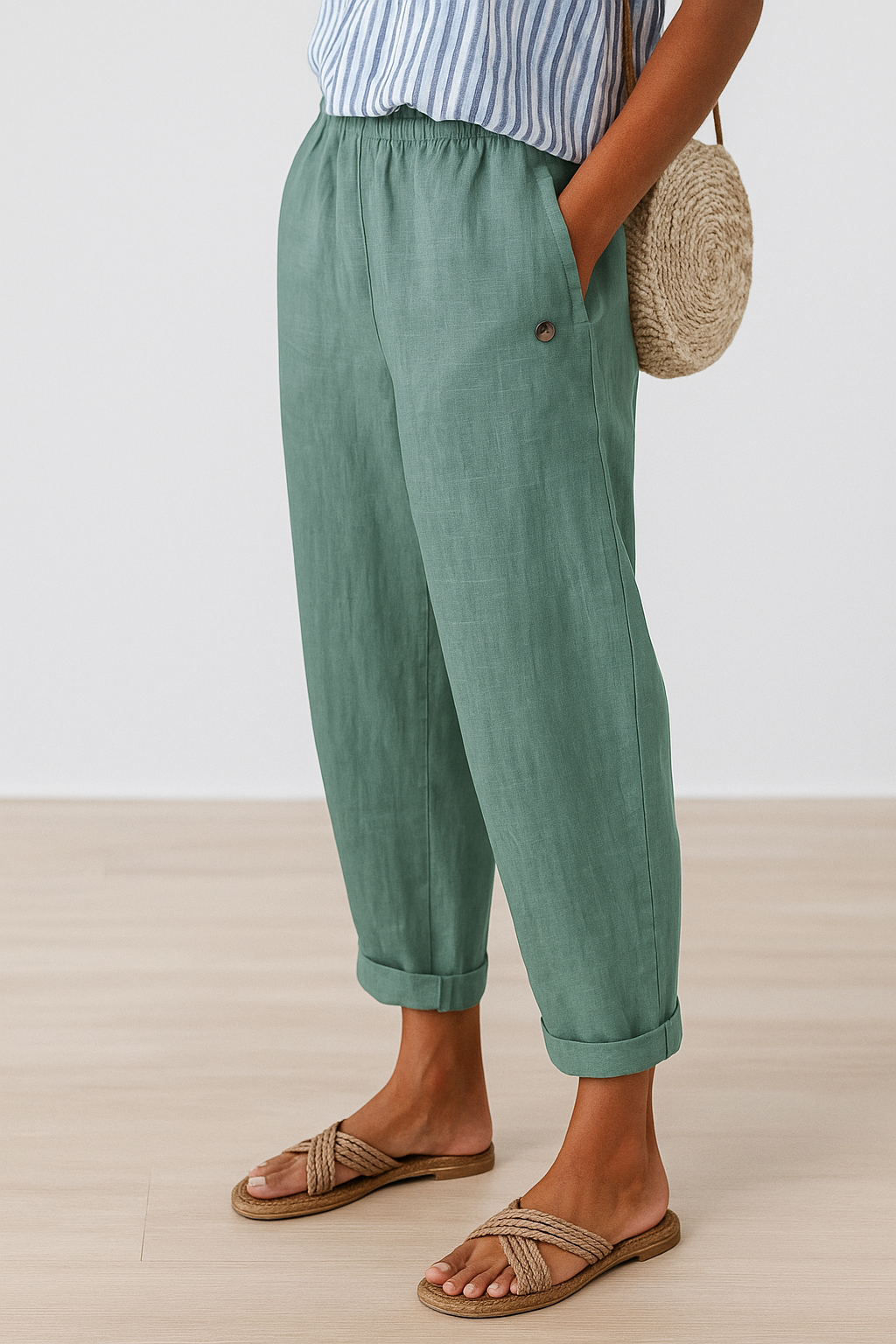 Women's Relaxed Cuffed Ankle Trousers with Pockets
