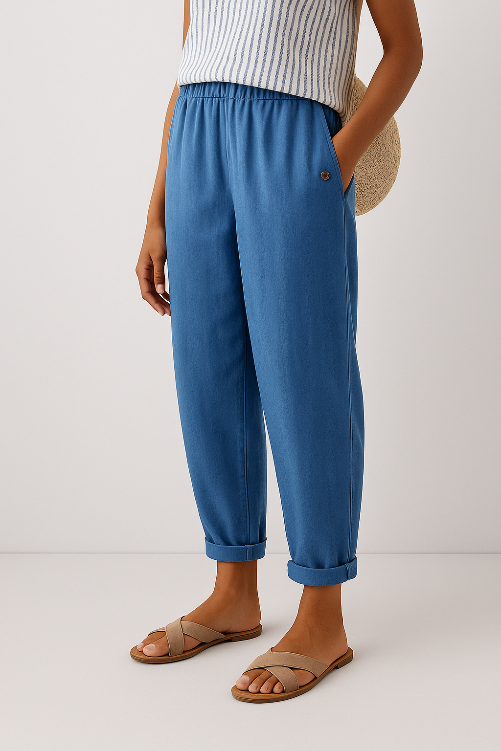 Women's Relaxed Cuffed Ankle Trousers with Pockets